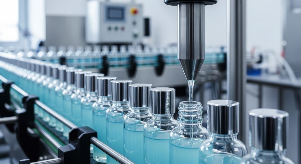 Cosmetic factory production line with automated bottle filling machine