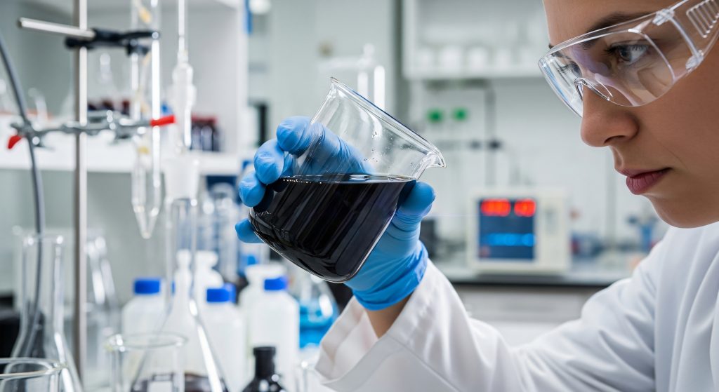 Scientist Analyzing Viscous Black Liquid Coal Tar in Transparent Glass Beaker Inside Laboratory Setting